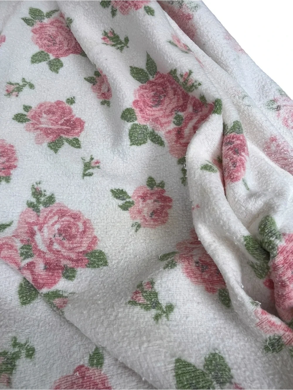 Vintage Shabby Chic Floral Pink Rose Throw Blanket Satin Trim